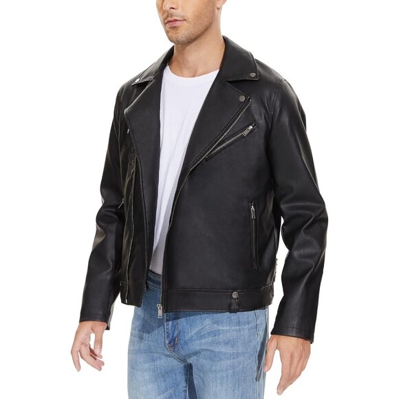 Men Black Faux Leather Biker Jacket Slim Fit Motorcycle Bomber Zip Up Coat - Picture 4 of 6